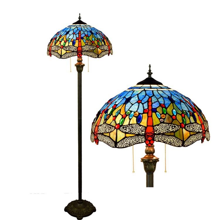 Vintage Tiffany Stained Glass Blue dragonfly 2-Light Standing Floor Lamp
