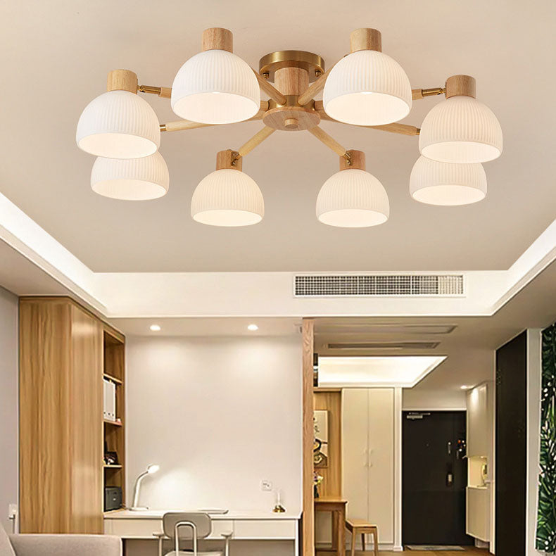 Plafón de techo tradicional japonés Wabi-sabi de madera de caucho, herrajes y vidrio de 3/6/8 luces para sala de estar 