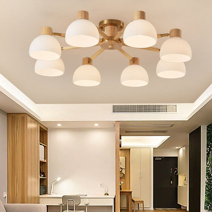 Plafón de techo tradicional japonés Wabi-sabi de madera de caucho, herrajes y vidrio de 3/6/8 luces para sala de estar 