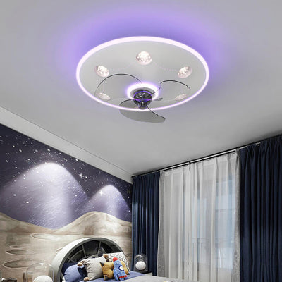 Modern Creative Cartoon UFO flying Saucer Round Iron Acrylic LED Kids Flush Mount Ceiling Fan Light