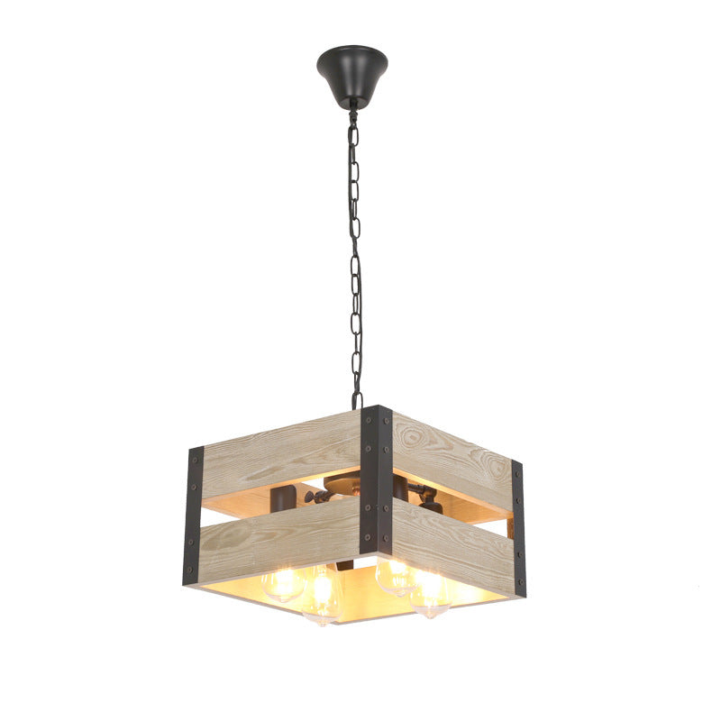 Chandelier Vintage Industriel en Bois avec Cage Carrée 1/4 Lumière 