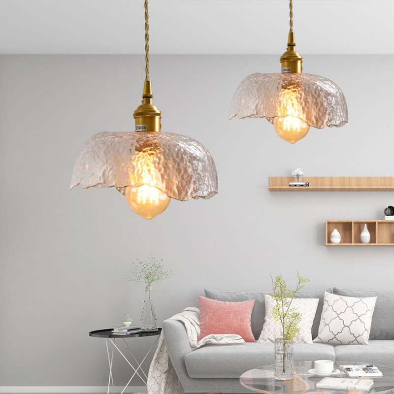 Suspension Luminaire à 1 Lumière en Laiton et Verre Texturé Vintage 