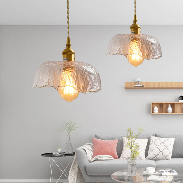 Suspension Luminaire à 1 Lumière en Laiton et Verre Texturé Vintage 