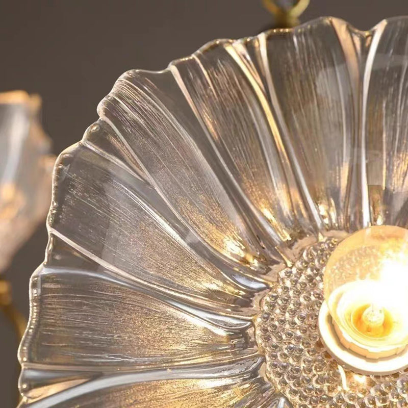 Cadre à Finition Dorée Art Déco Moderne avec Abat-jour en Verre Feuille de Lotus, Lustre 3/6 Lumières pour Salon 