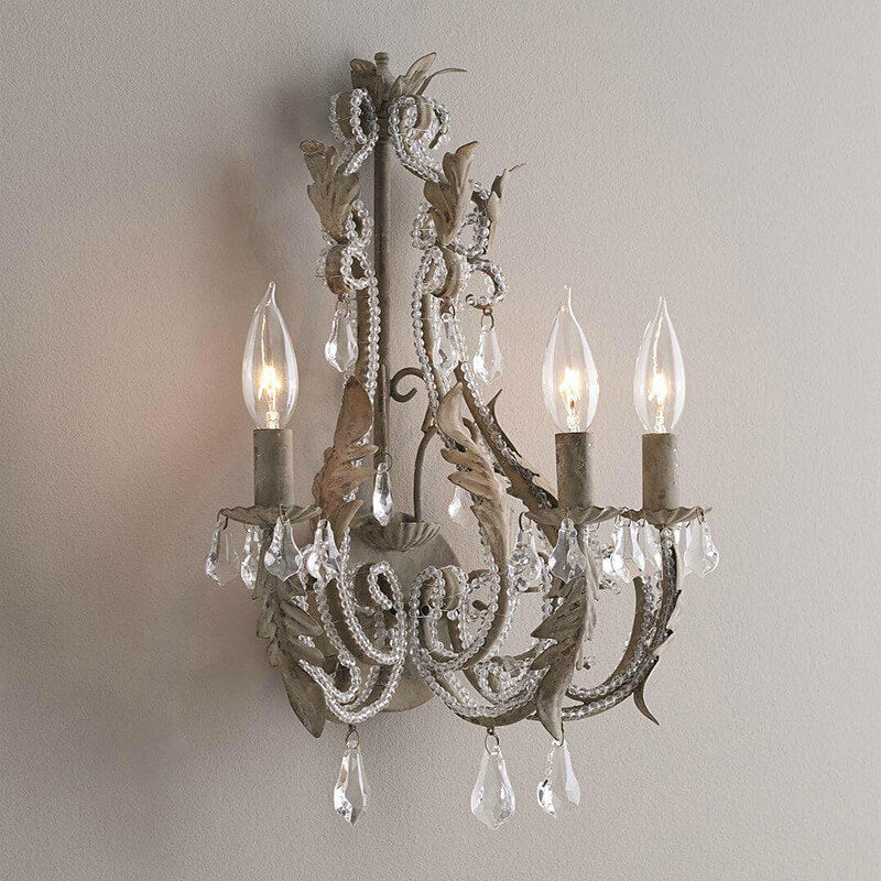 French Vintage Iron Crystal Hardware 3-Light Wall Sconce Lamp