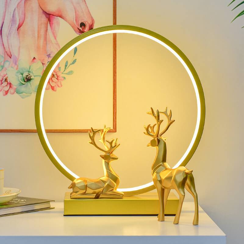Lámpara de mesa LED de noche con enchufe USB, círculo de hierro y acrílico con ciervo, estilo nórdico contemporáneo, para dormitorio 