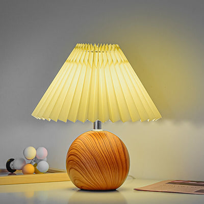 Nordic Vintage Pleated Wood Ball Base LED Table Lamp