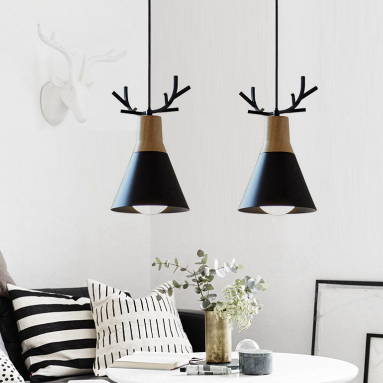 Modern Minimalist Antler Wood Iron Cone 1-Light Pendant Light For Living Room
