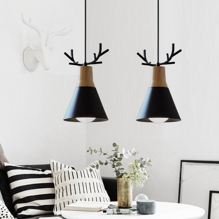 Modern Minimalist Antler Wood Iron Cone 1-Light Pendant Light For Living Room