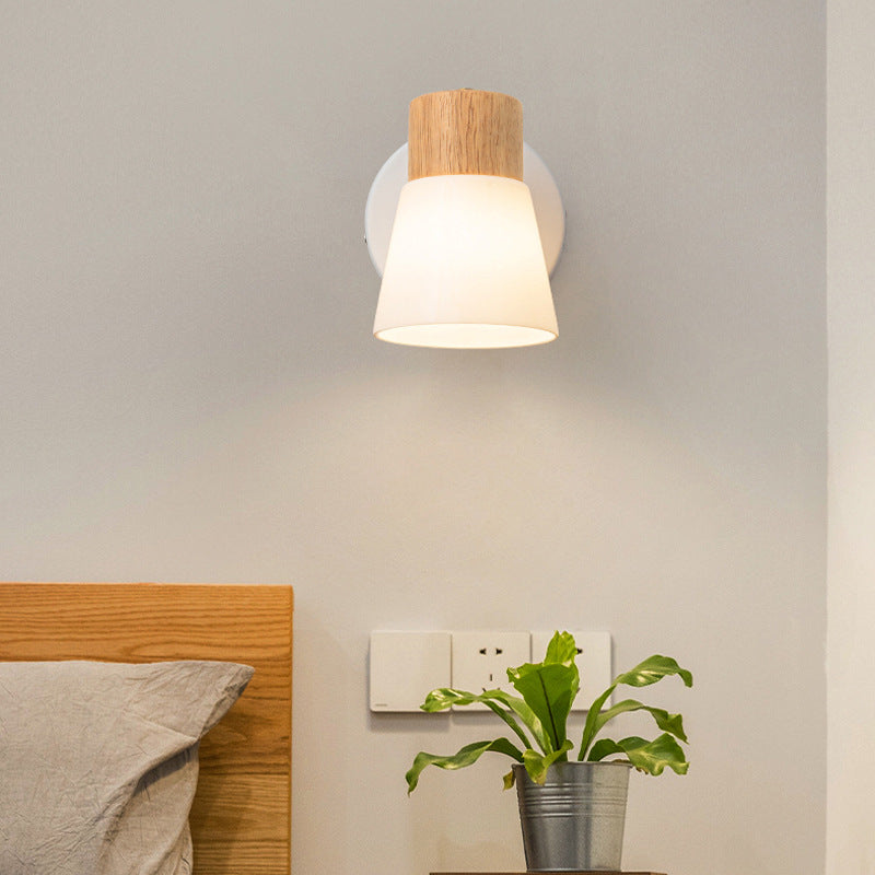 Modern Minimalist Rubberwood Glass Cone Rotatable 1/2 Light Wall Sconce Lamp For Living Room &amp; Bedroom