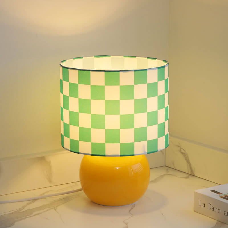 Contemporary Creative Round Lattice Glass Fabric LED Table Lamp For Bedroom