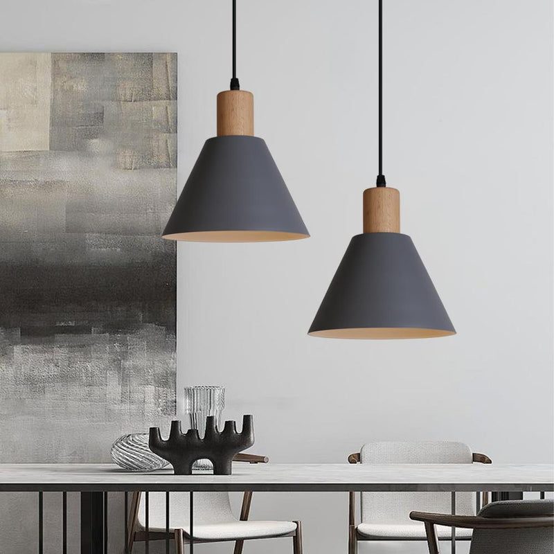 Nordic Vintage Iron Cone Wood Top 1-Light Pendant Light