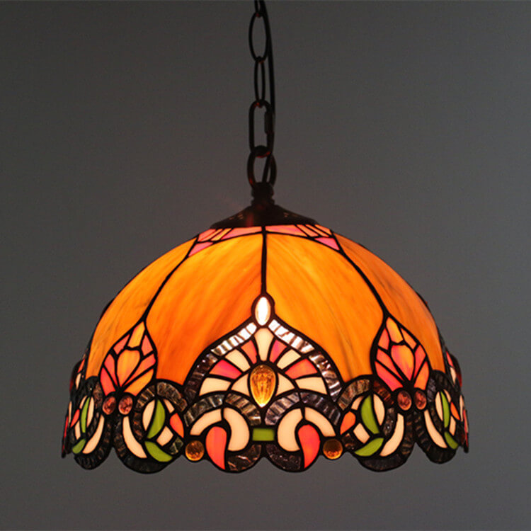 Vintage Tiffany Orange Stained Glass Dome Antique 1-Light Pendant Light