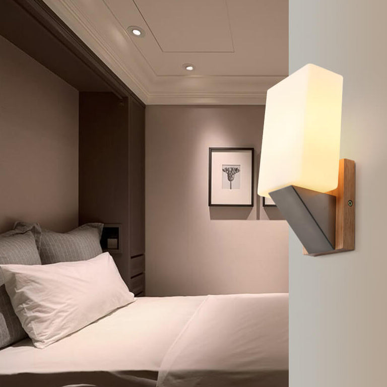 Lámpara Aplique de Pared de 1 Luz con Base de Madera Sólida y Vidrio Cuadrado Nórdico 