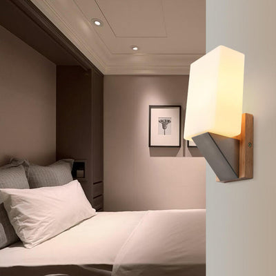 Nordic Square Glass Solid Wood Base 1-Light Wall Sconce Lamp