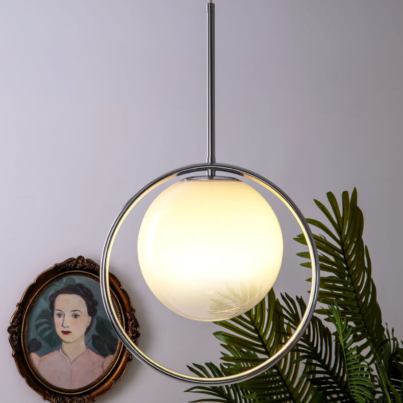 Modern Minimalist Gradient Iron Glass Orb Chrome Ring 1-Light Pendant Light for Living Room