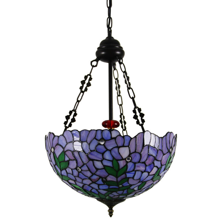 Lámpara de araña redonda de 3 luces de estilo vintage tradicional Tiffany con herrajes y vidrio teñido violeta 