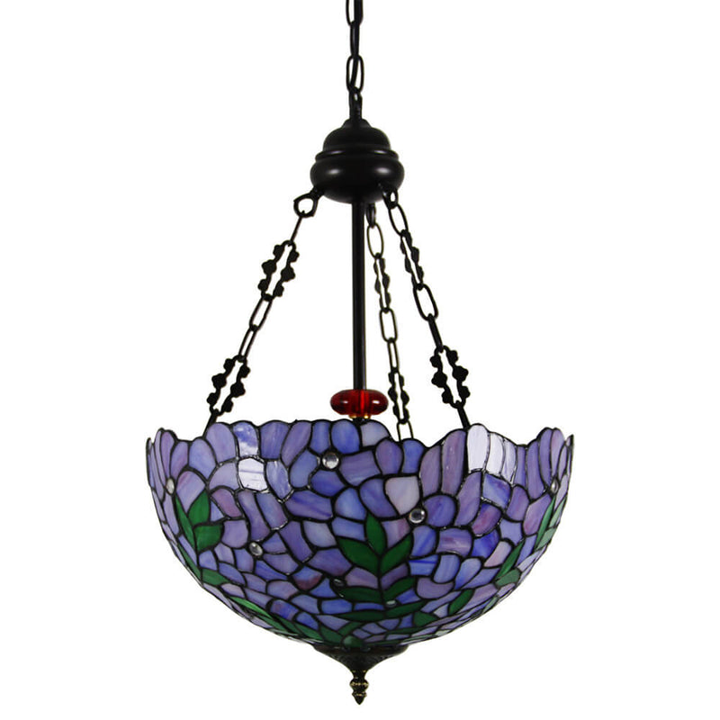 Vintage Tiffany Violet Stained Glass Round 3-Light Chandelier