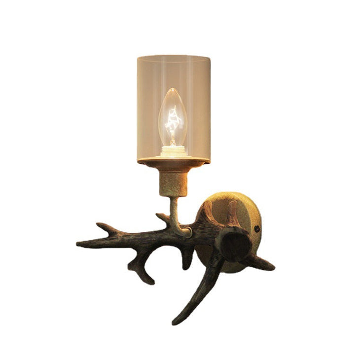 Contemporary Industrial Antler Resin Glass Cylinder 1-Light Wall Sconce Lamp For Living Room &amp; Bedroom