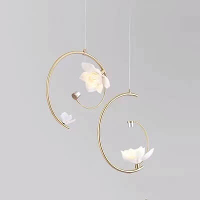 Chinese Retro Ceramic Floral Embellished Copper Arc LED Pendant Light