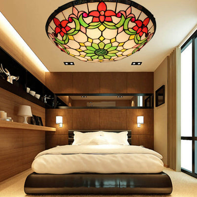 European Tiffany Flowers Stained Glass 3-Light Flush Mount Ceiling Light