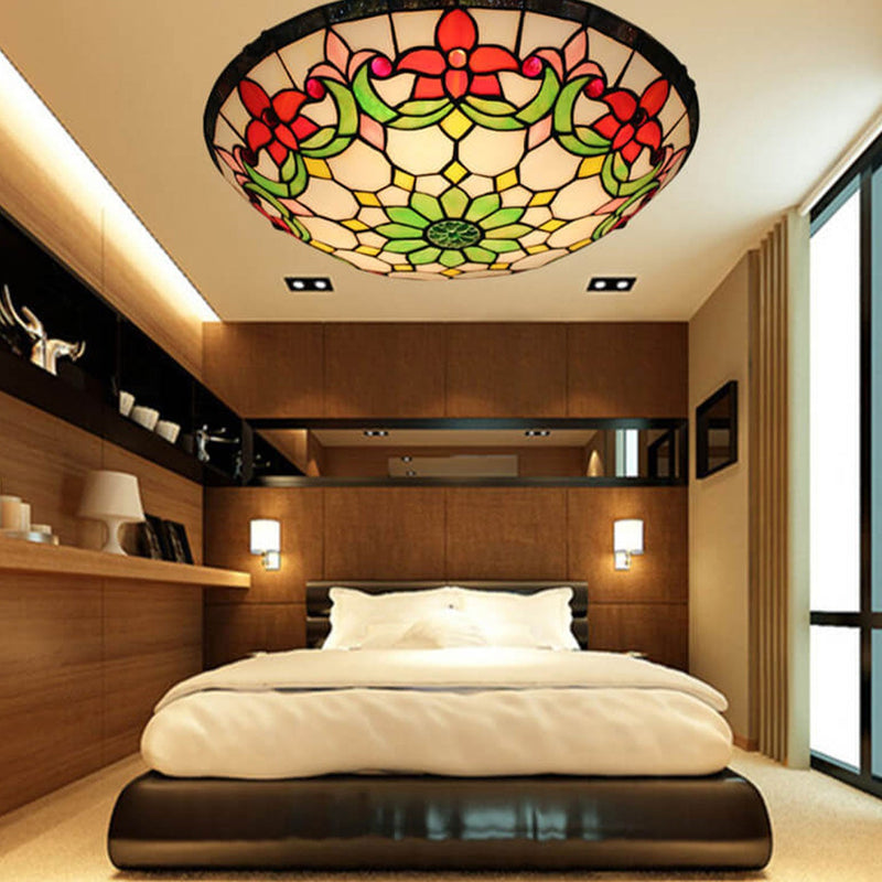 European Tiffany Flowers Stained Glass 3-Light Flush Mount Ceiling Light