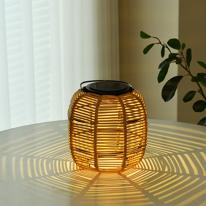 Lampe de table de jardin à LED étanche avec cylindre de tissage en rotin extérieur solaire 