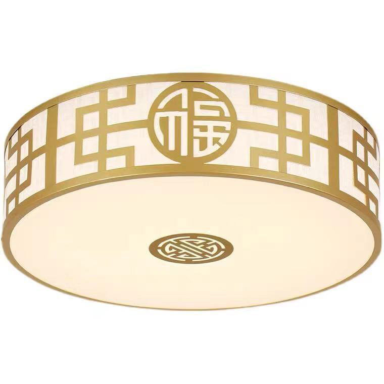 Traditional Chinese Round Fabric Drum LED Flush Mount Ceiling Light For Living Room