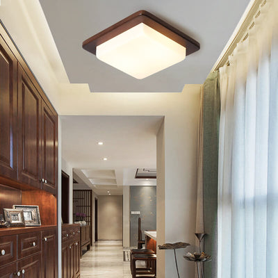 Modern Chinese Walnut Square LED Flush Mount Ceiling Light