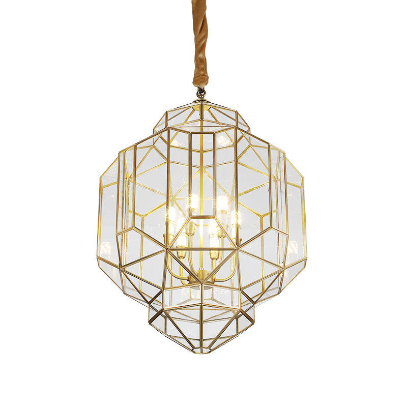 Modern Mid-Century Brass Finish Geometric Polygonal Frame Candelabra 6-Light Chandelier For Entryway