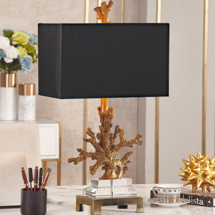 Modern Art Deco Linen Resin Crystal Coral Base 1-Light Table Lamp For Bedroom