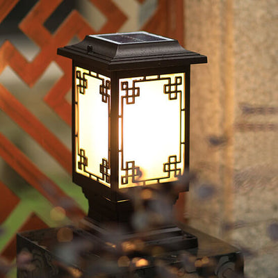 Solar Chinese Window Square Post Head 1-Light Waterproof Garden Landscape Light