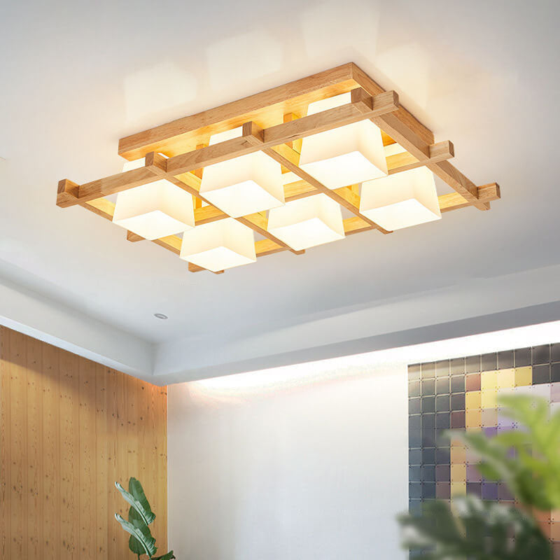 Japanese Minimalist Wooden Square Cube Shade 4/6/9 Light Flush Mount Ceiling Light