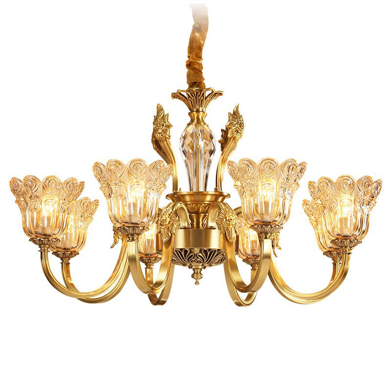 Lámpara de araña con pantalla de vidrio floral y acabado dorado tradicional francés de 6/8 luces para sala de estar 