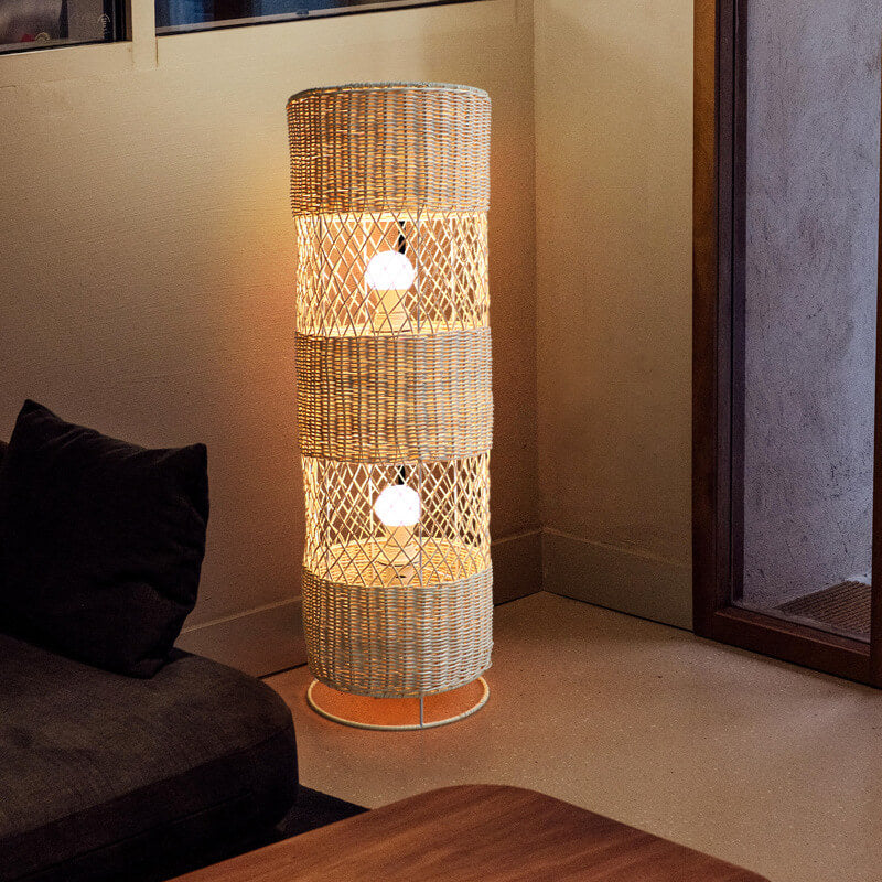 Minimalist Rattan Weaving Round Column 1/2 Light Standing Floor Lamp