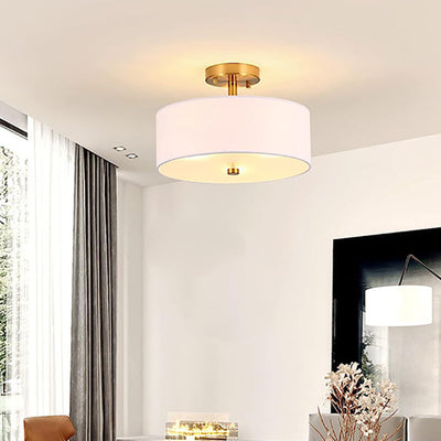 Modern Transitional Aged Brass Electroplated Base Fabric Cylinder Shade 3-Light Chandelier For Living Room