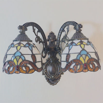 Vintage Tiffany Dome Stained Glass 2-Light Wall Sconce Lamp