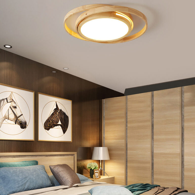 Minimalistische LED-Deckenleuchte mit Kreisring aus Holz für die bündige Montage