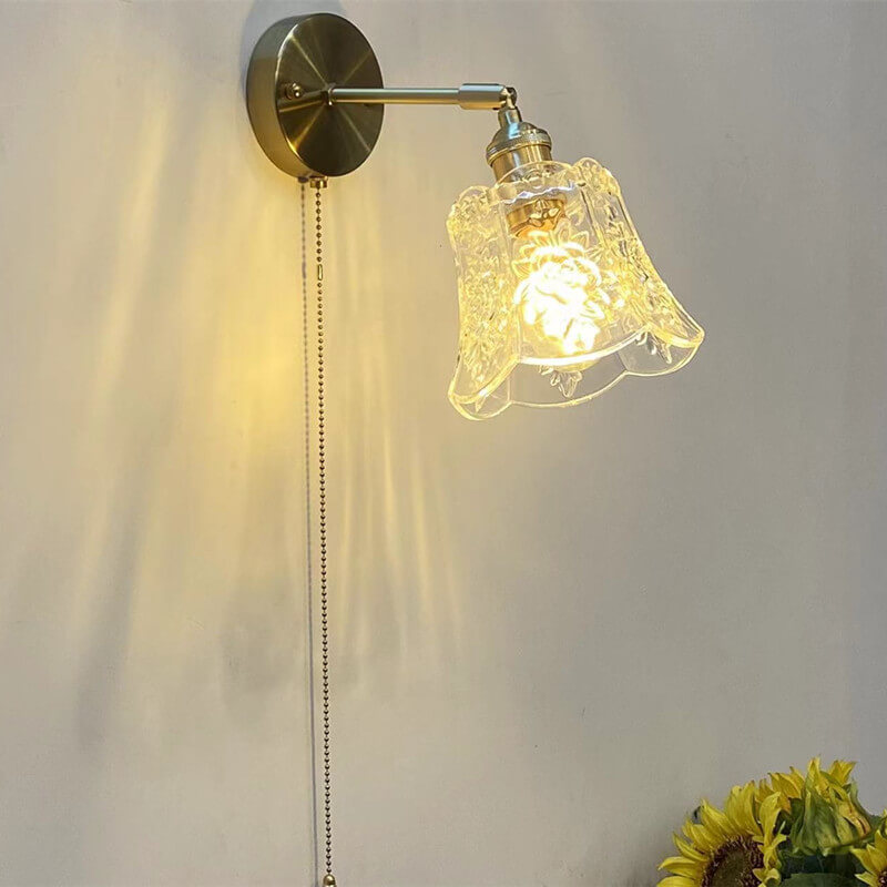 Lámpara de pared de 1 luz de latón y vidrio simple de lujo ligero francés con cable de tiro 