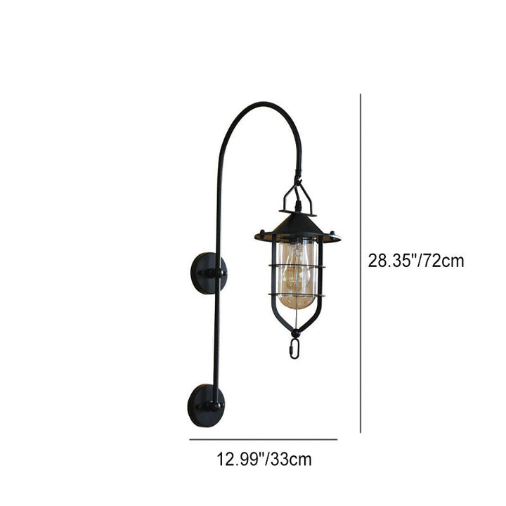 Contemporary Industrial Iron Glass Cage Curved Arm 1-Light Wall Sconce Lamp For Living Room &amp; Bedroom