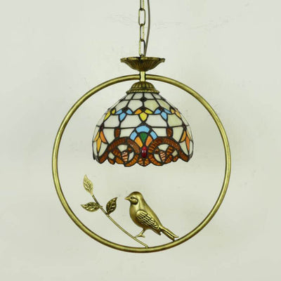 Tiffany Rustic Dome Stained Glass Ring Bird Design 1-Light Pendant Light