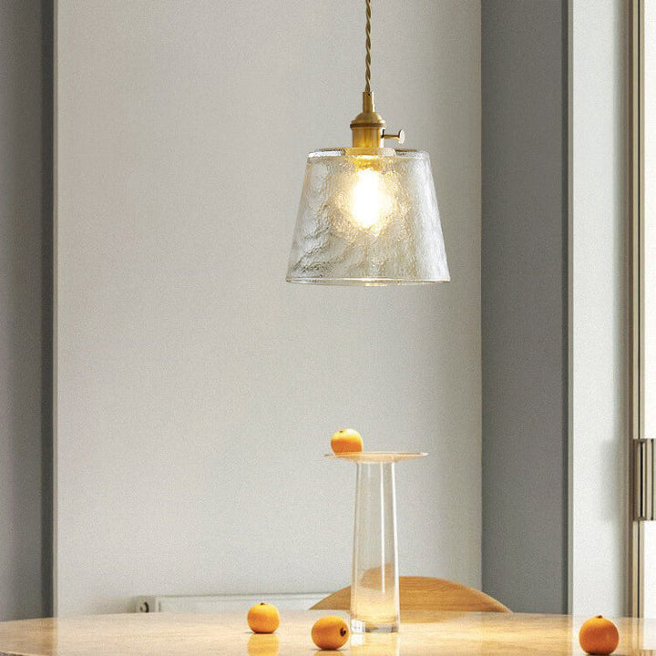 Traditionelle Vintage-Pendelleuchte aus Glas und Kupfer mit rundem Trommelschirm, 1-flammig, für das Wohnzimmer 