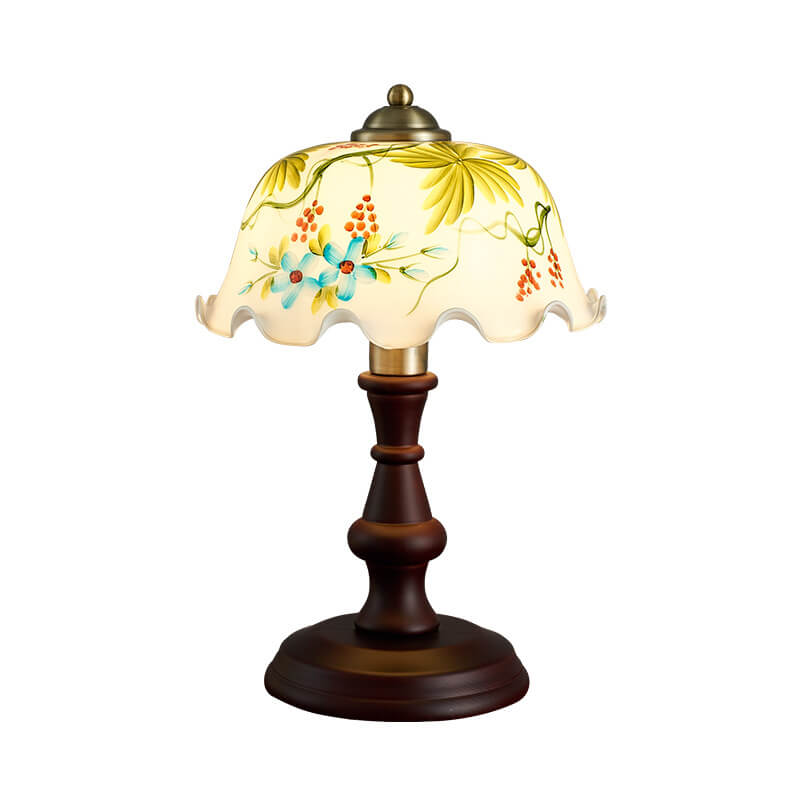 Abat-jour en verre floral dessiné à la main avec des éléments chinois vintage, lampe de table à 1 lumière 