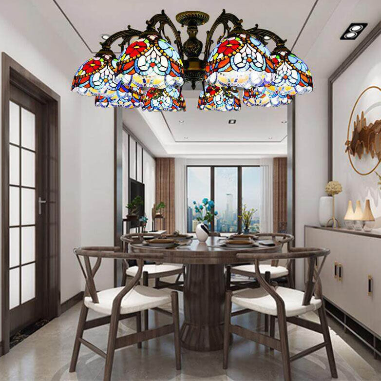 Traditionelle europäische Tiffany Eisen Buntglas 3/5/6-Licht Halbbündige Montage Licht 