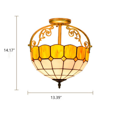 Tiffany European Mediterranean Yellow Glass Bowl 2-Light Semi-Flush Mount Deckenleuchte 