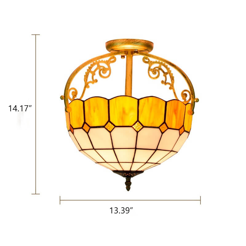 Tiffany European Mediterranean Yellow Glass Bowl 2-Light Semi-Flush Mount Ceiling Light