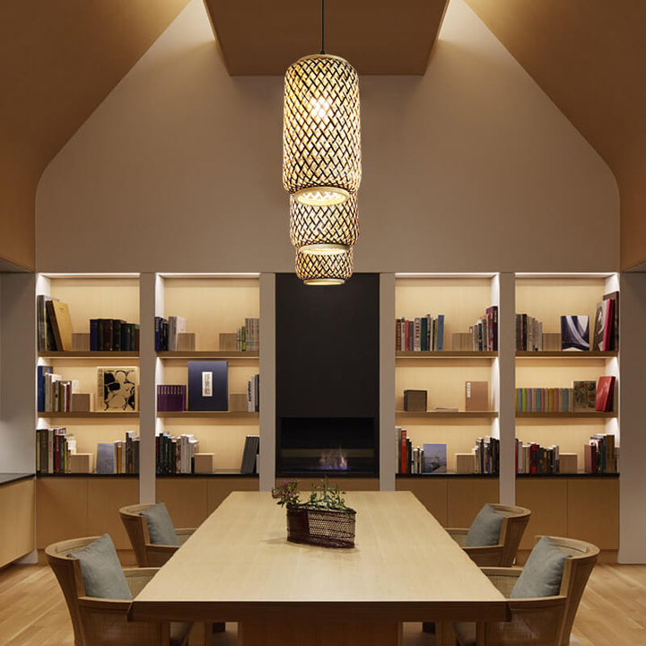 Lámpara colgante lineal de 3 luces con columna de bambú y hierro, estilo moderno minimalista, para comedor 