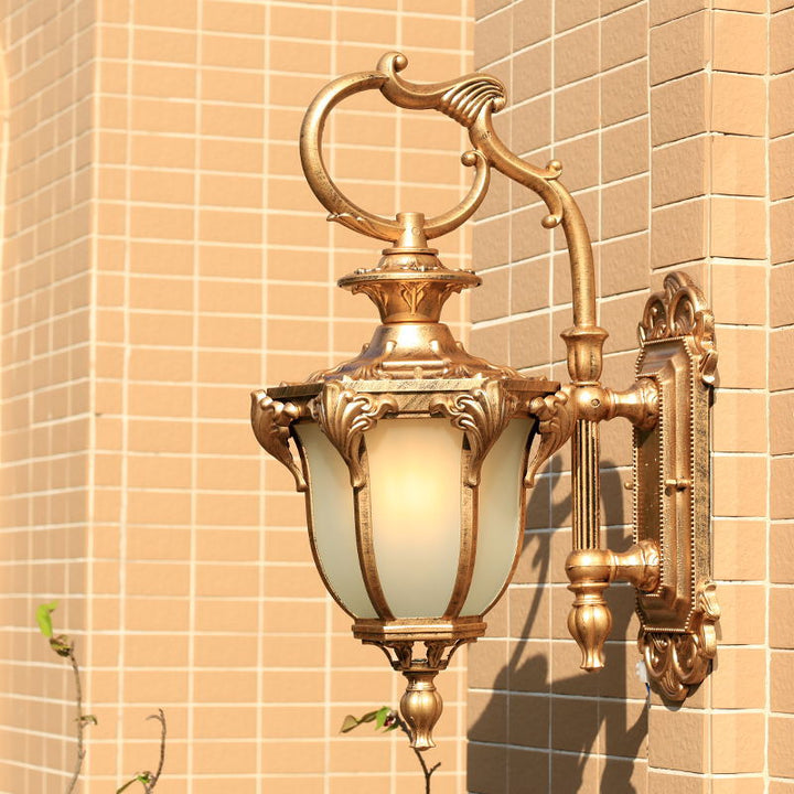 Traditional European Aluminum Glass Carved Lantern 1-Light Outdoor Waterproof Wall Sconce Lamp