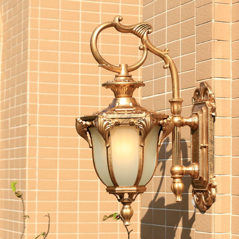 European Retro Aluminum Glass Carved Lantern 1-Light Outdoor Waterproof Wall Sconce Lamp