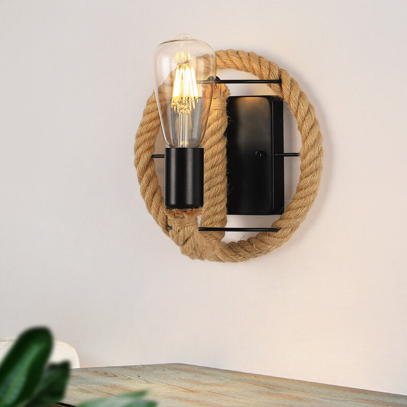 Lámpara de Aplique de Pared Redonda de Hierro de Cuerda Industrial Vintage 1/2 Luz 